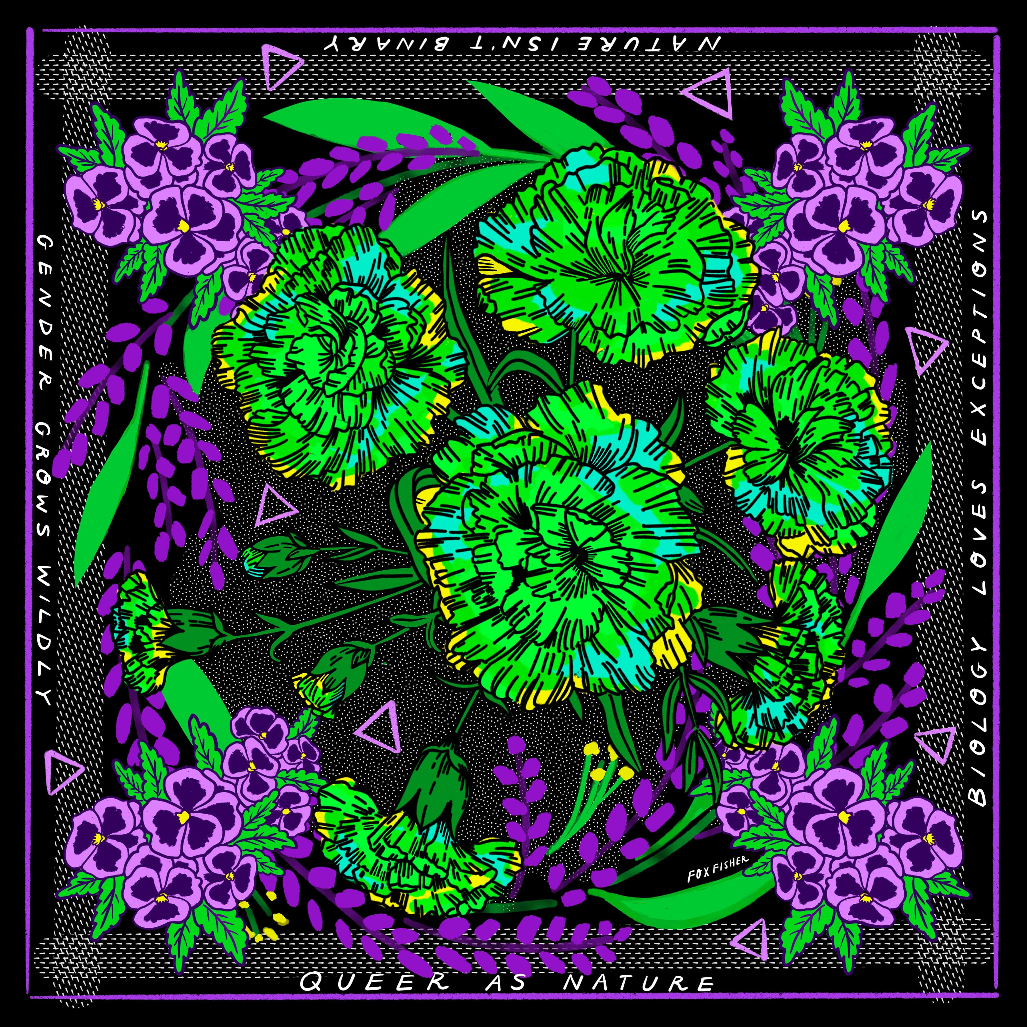 Queer as Flowers bandana by Fox Fisher, vibrant green and purple floral design on black with nature-inspired queer text, 100% cotton 56cm square scarf