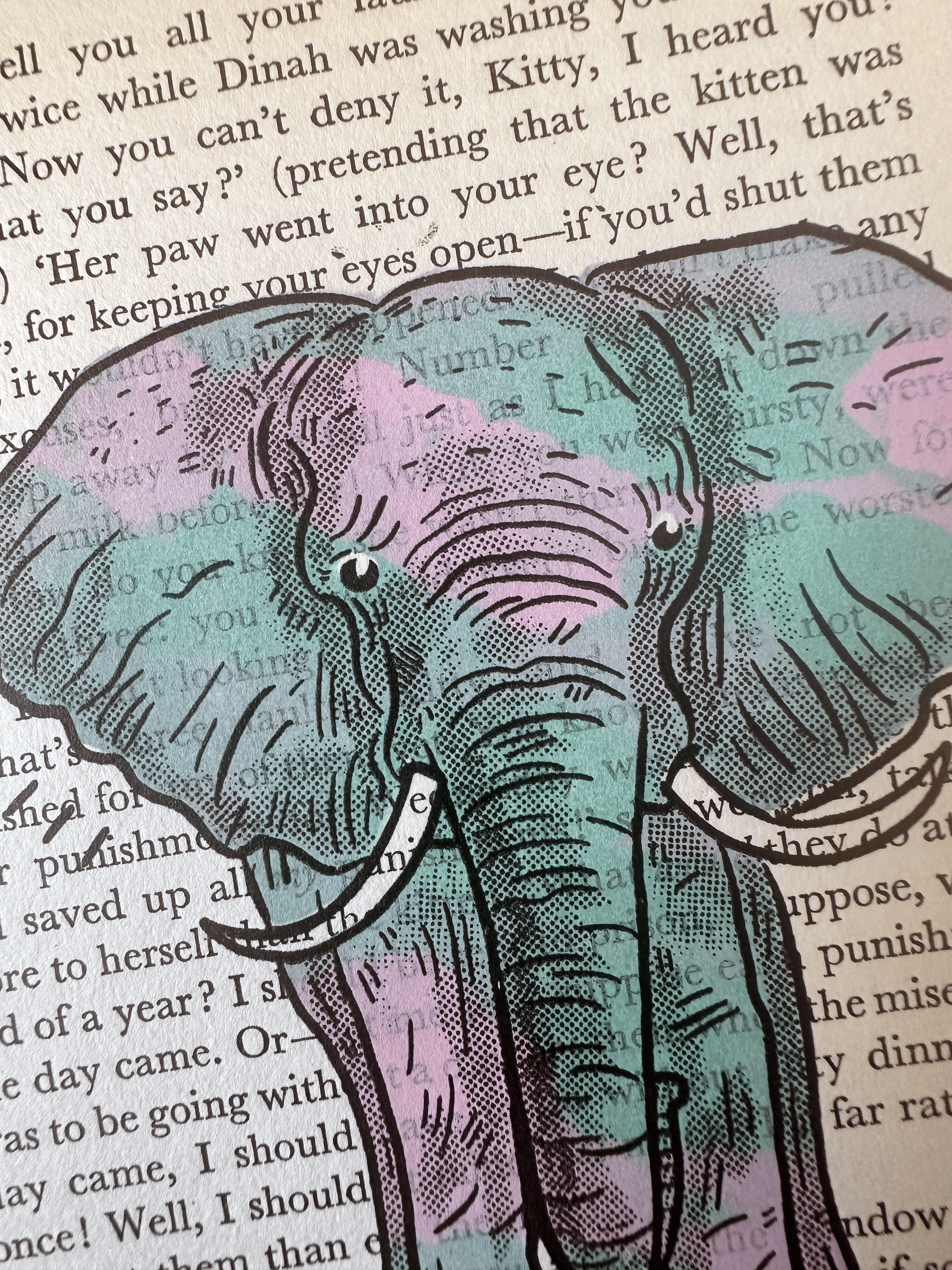 Elephant screen print on vintage book page by Fox Fisher, teal and pink ink illustration, hand-pulled art from Fox's Snail Mail Art Club monthly subscription