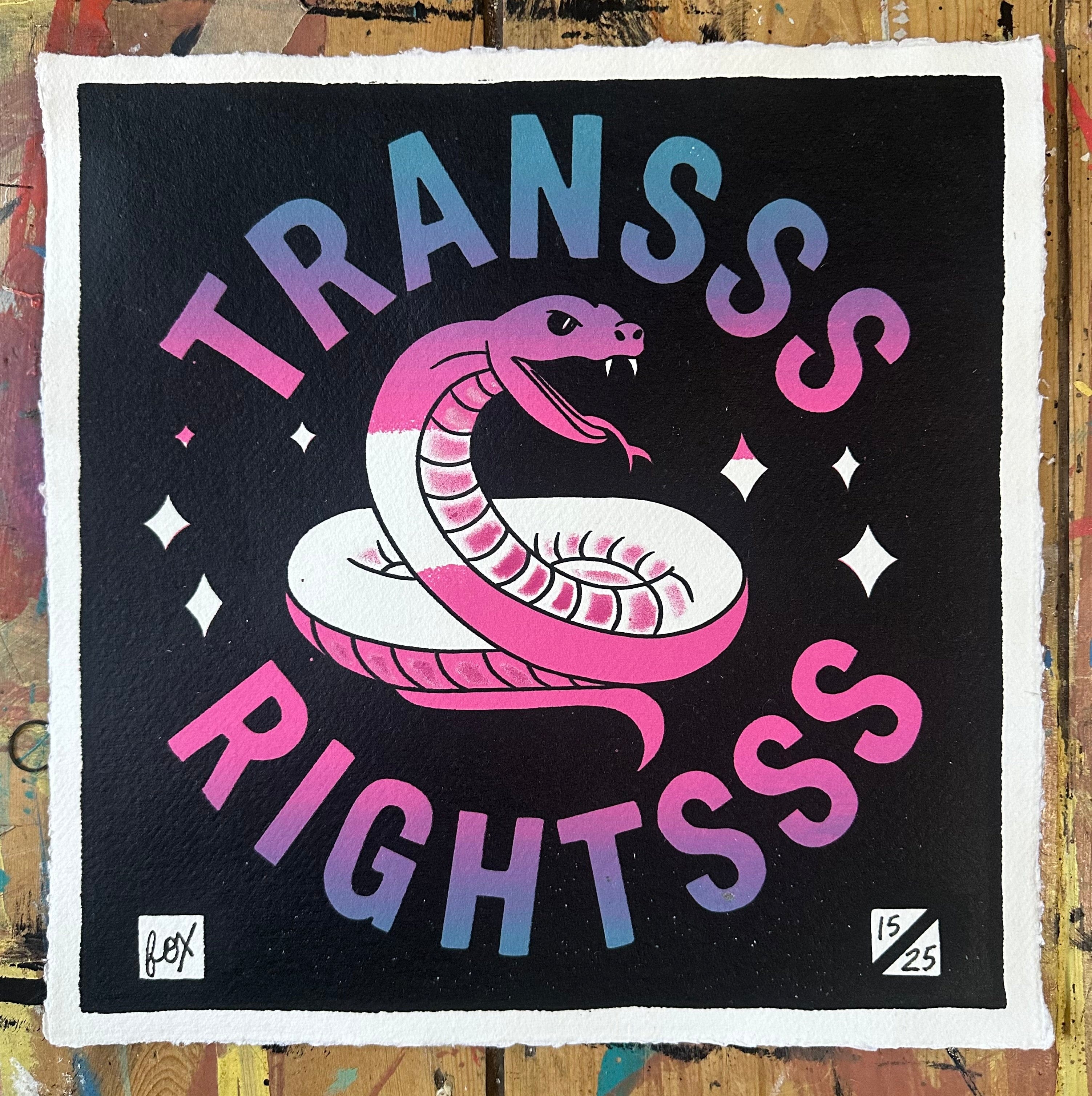 Transss Rightsss limited edition screen print by Fox Fisher, pink and blue snake illustration on black with deckled edge, edition 15 of 25, hand-pulled on 350gsm cotton rag