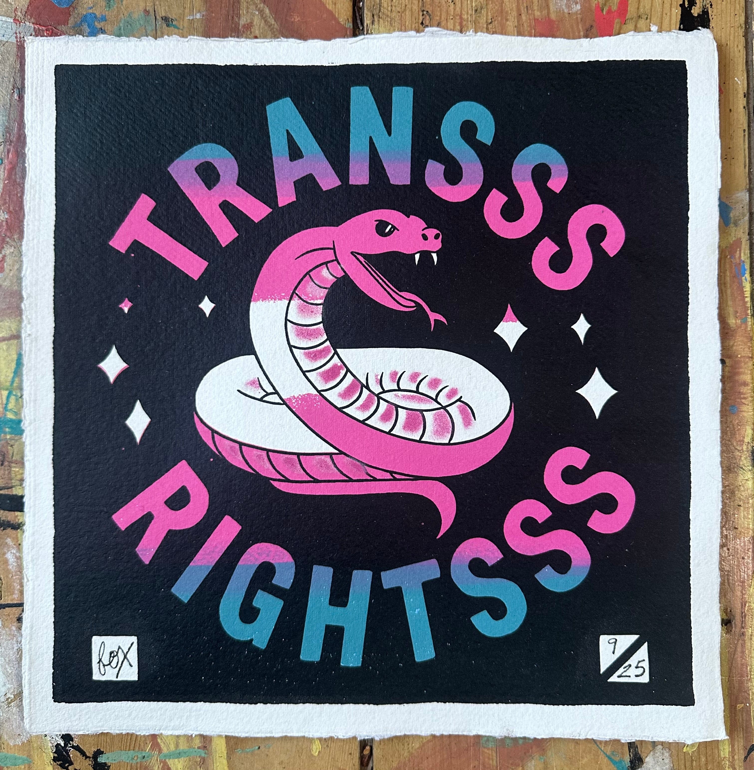 Transss Rightsss limited edition screen print by Fox Fisher, pink and blue gradient snake on black with deckled edge, signed and numbered hand-pulled art on 350gsm cotton rag