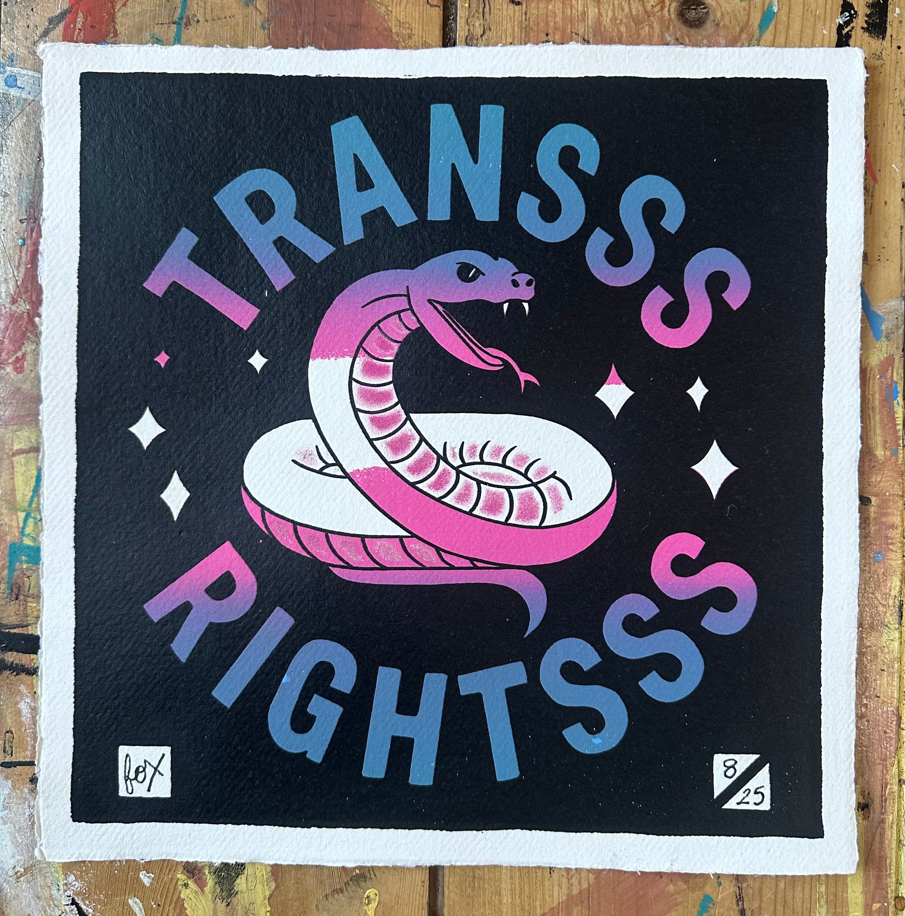 Transss Rightsss limited edition screen print by Fox Fisher, edition 8 of 25, pink and blue gradient snake on black with deckled edge, hand-pulled on 350gsm cotton rag