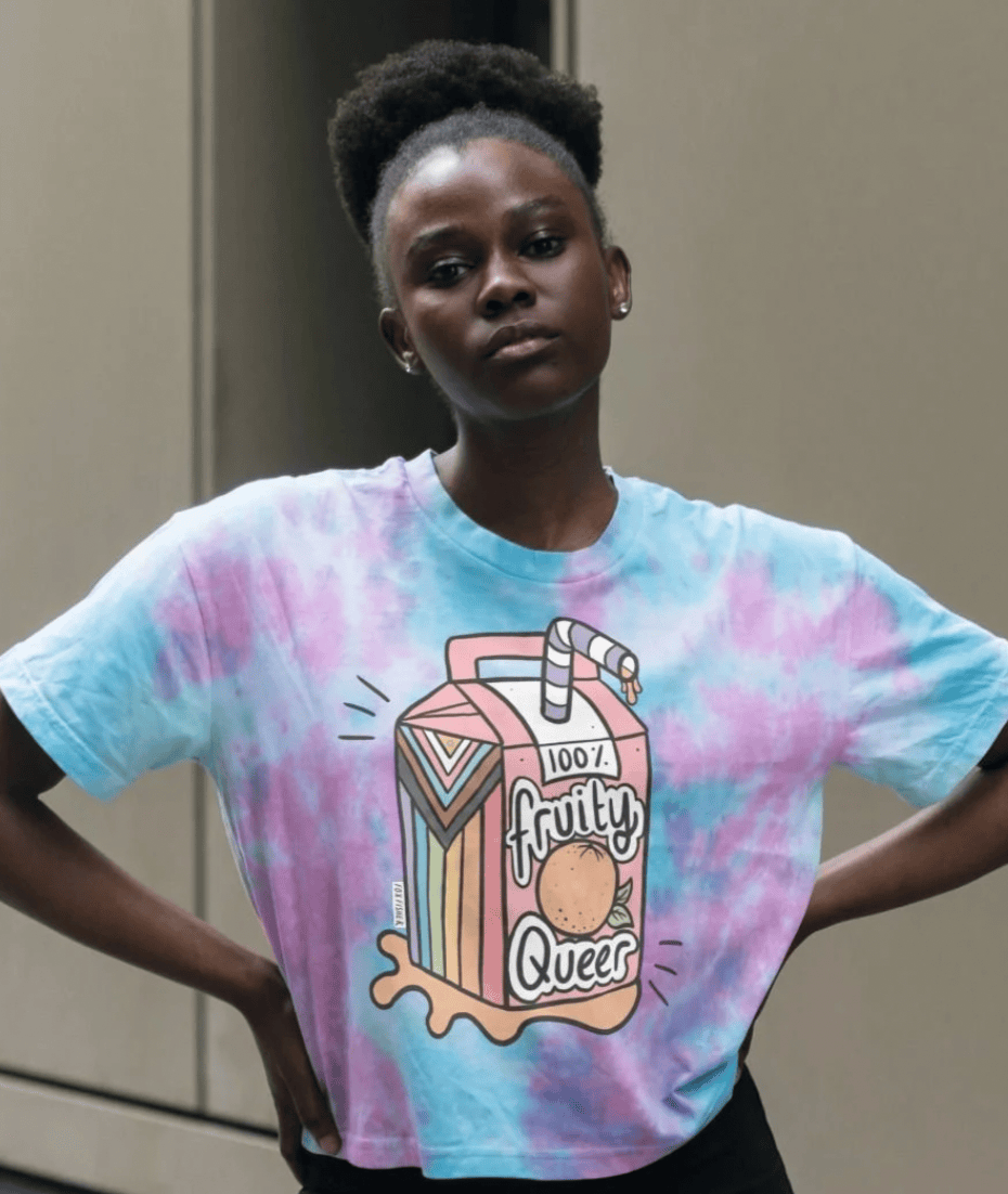 Fruity Queer Crop Top with Juice Box Progress Flag Motif