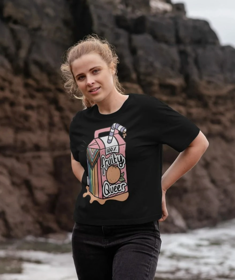 Fruity Queer Crop Top with Juice Box Progress Flag Motif