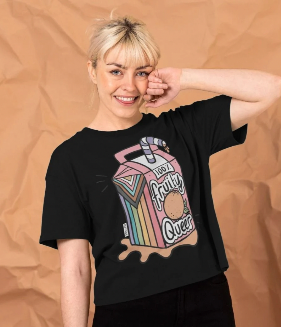 Fruity Queer Crop Top with Juice Box Progress Flag Motif