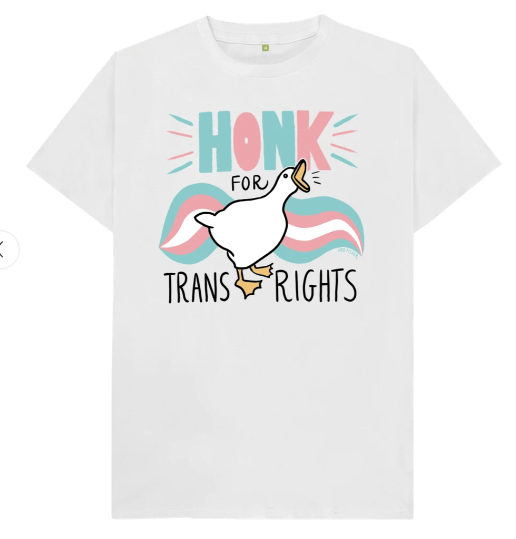 White organic cotton t-shirt laid flat with the Honk For Trans Rights goose print across the chest, the goose's wings drawn as pink, white and blue trans pride flag stripes.