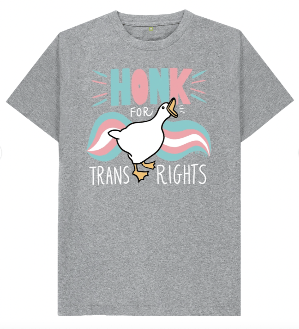 Grey marl organic cotton t-shirt laid flat with the Honk For Trans Rights goose print across the chest, the goose's wings drawn as pink, white and blue trans pride flag stripes.