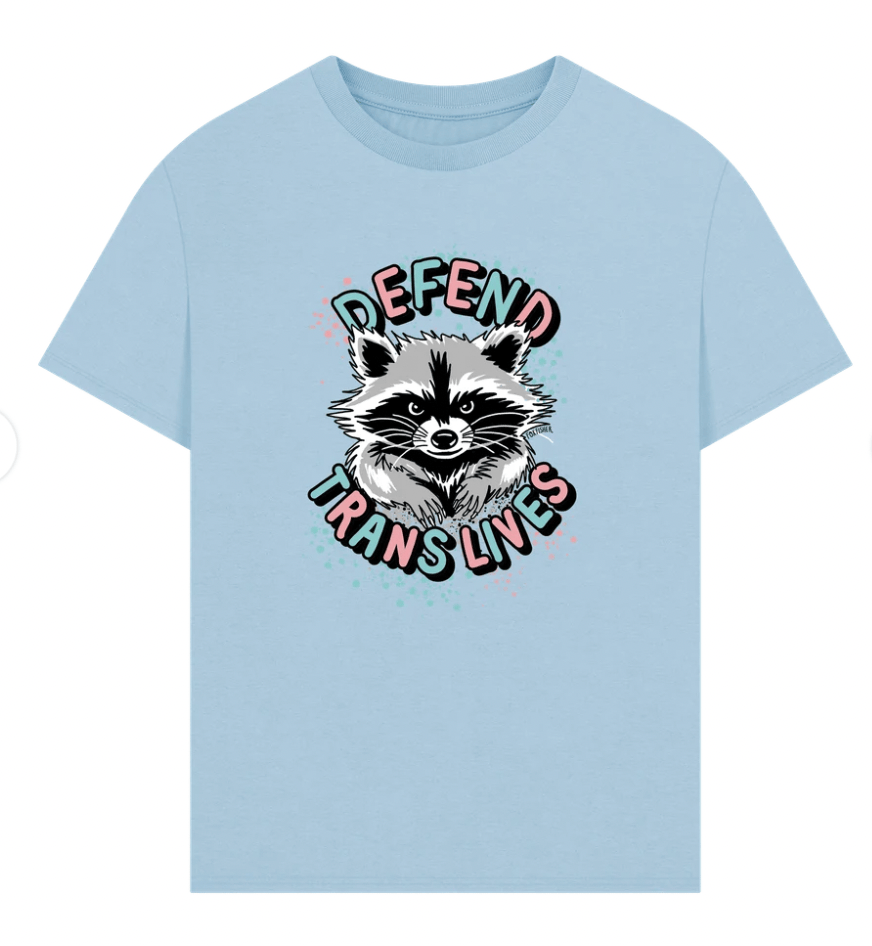 Light blue Defend Trans Lives oversized raccoon t-shirt by Fox Fisher, trans pride raccoon illustration on organic cotton tee