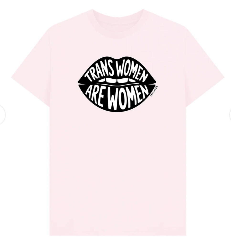 Pink Trans Women Are Women organic cotton t-shirt with hand-drawn lips graphic by Fox Fisher, LGBTQ+ feminist tee