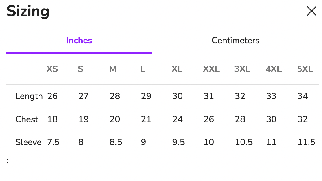 Size chart for Toads Against TERFs t-shirt showing length, chest and sleeve measurements in inches and centimetres for sizes XS to 5XL