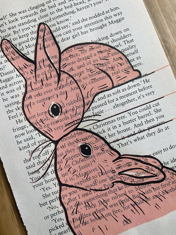 Rabbit screen print by Fox Fisher on vintage book page, pink and black ink bunny illustration, hand-pulled art from Fox's Snail Mail Art Club monthly subscription