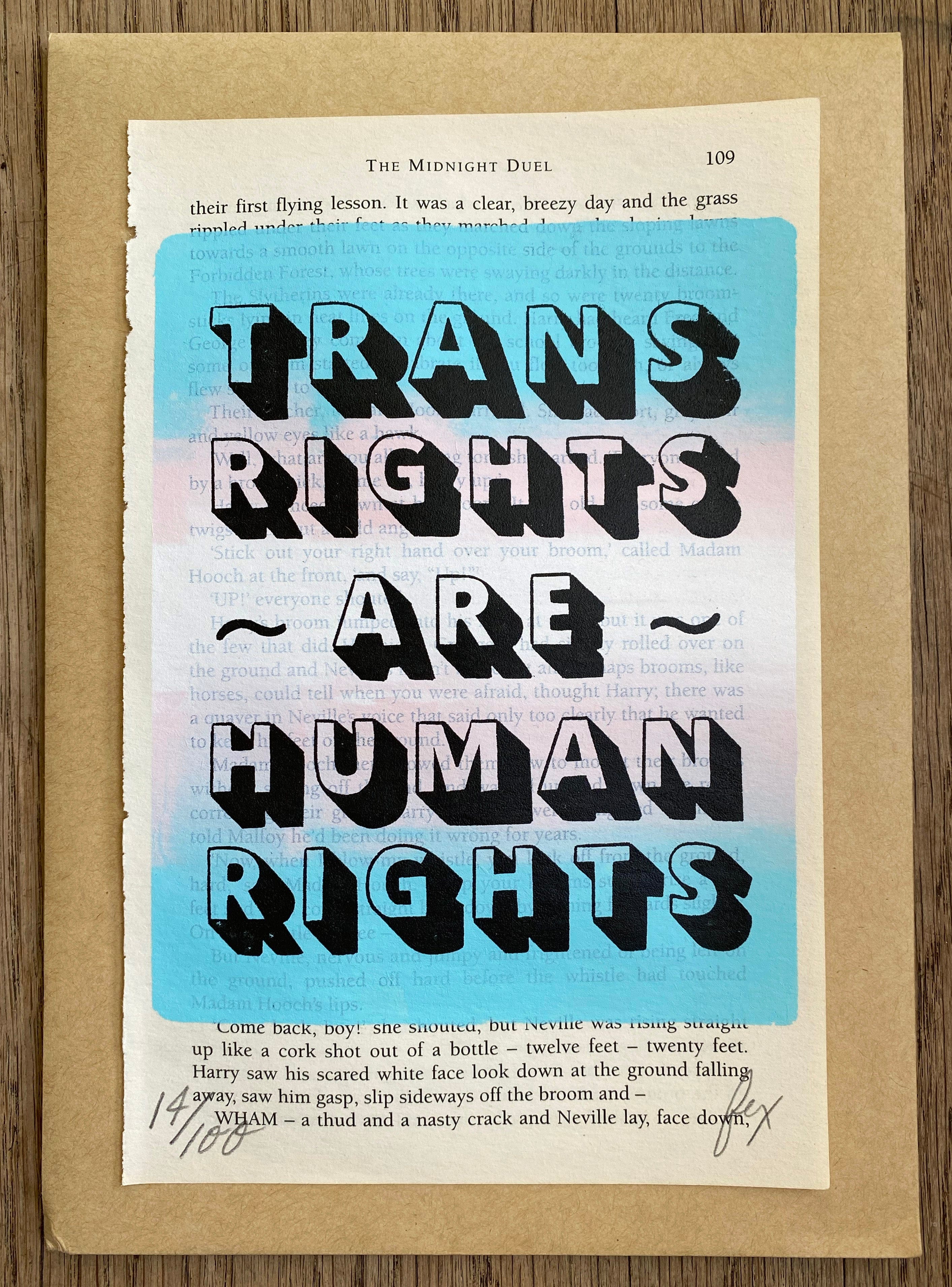 Trans Rights Are Human Rights screen print on vintage book page by Fox Fisher, bold typography in trans flag colours blue pink and white, hand-pulled limited edition art