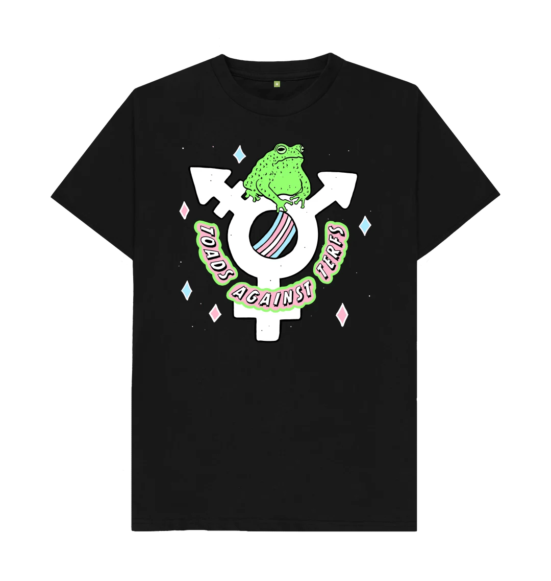 Black Toads Against TERFs t-shirt flat lay showing full toad and trans symbol graphic design by Fox Fisher, organic cotton unisex tee