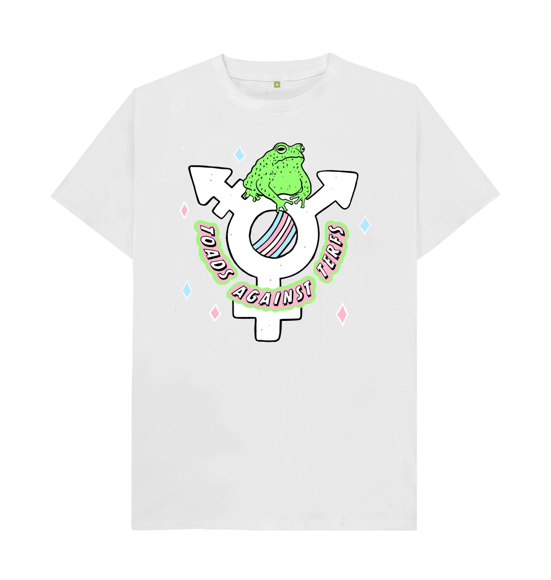 White Toads Against TERFs t-shirt flat lay showing toad and trans symbol graphic design by Fox Fisher, organic cotton unisex tee in white