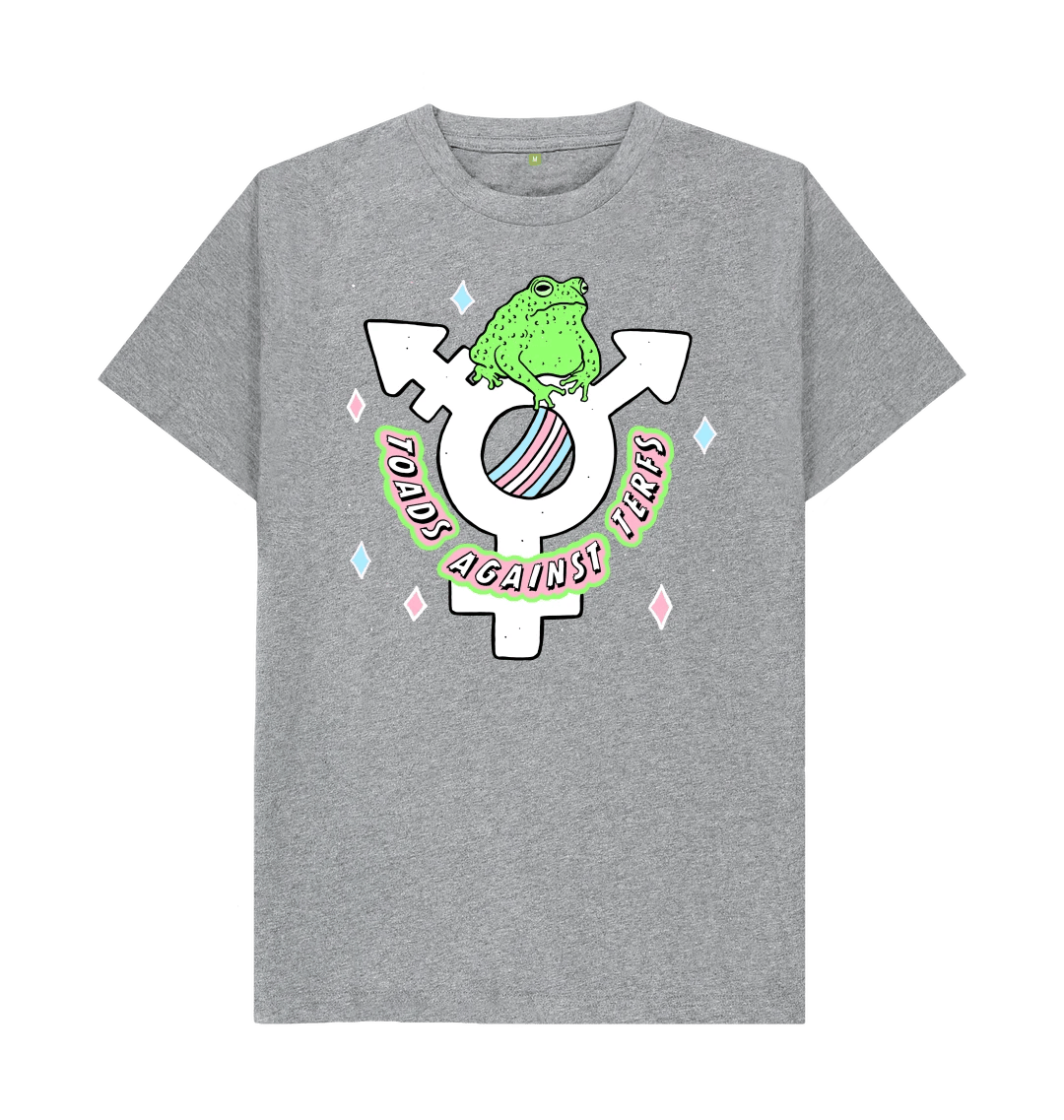 Athletic grey Toads Against TERFs t-shirt flat lay showing toad and trans symbol graphic by Fox Fisher, organic cotton unisex tee in grey