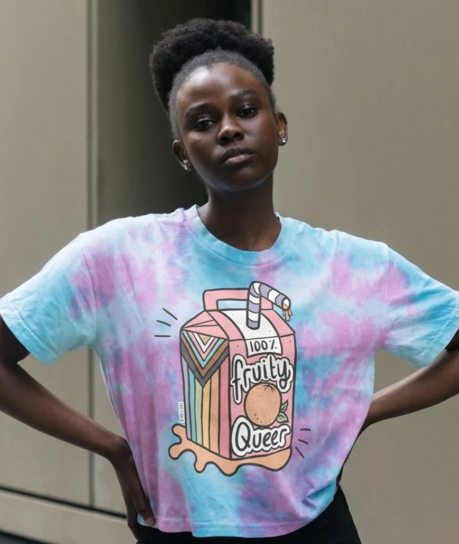 Fruity Queer Crop Top with Juice Box Progress Flag Motif