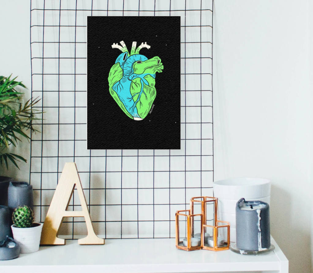 Earth Is A Heart Art Print by Fox Fisher - Heart earth illustration displayed on modern grid wall with decorative items, stylish art print for home or office
