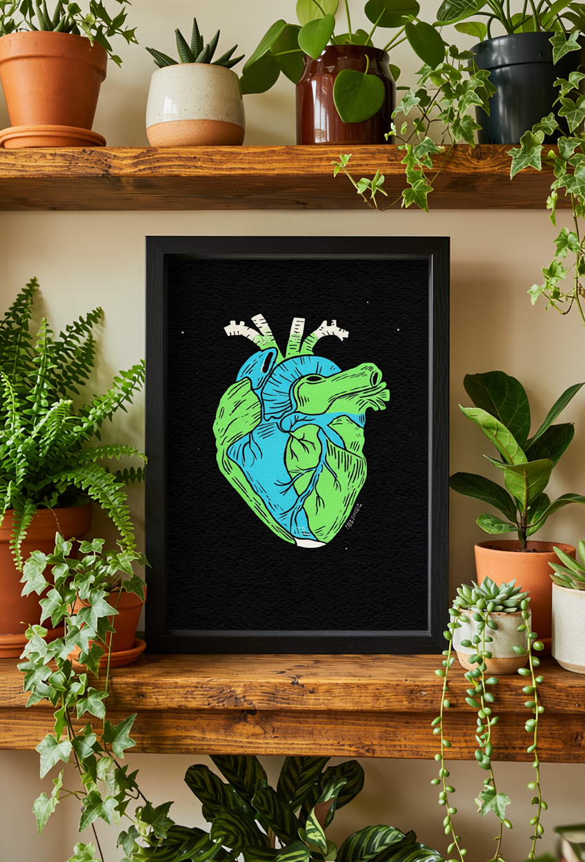 Earth Is A Heart Art Print by Fox Fisher - Close-up of framed heart earth illustration on rustic wooden shelf with lush green potted plants