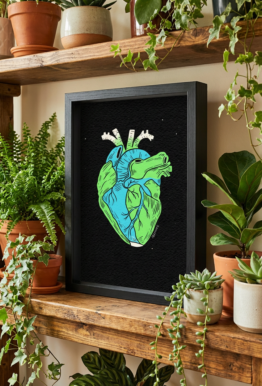 Earth Is A Heart Art Print by Fox Fisher - Framed heart earth illustration displayed on wooden shelf surrounded by trailing plants, botanical home decor