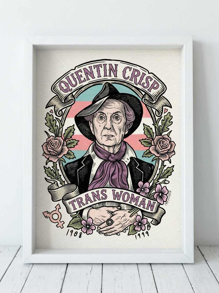 Illustrated portrait of Quentin Crisp wearing a black wide-brimmed hat and purple silk scarf, framed by roses and violets, with the trans pride flag behind her. The banners read "Quentin Crisp" above and "Trans Woman" below. Dates 1908 to 1999. Illustration by Fox Fisher.